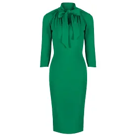 Green 3/4 Sleeve Tie Neck Bodycon Pencil Dress