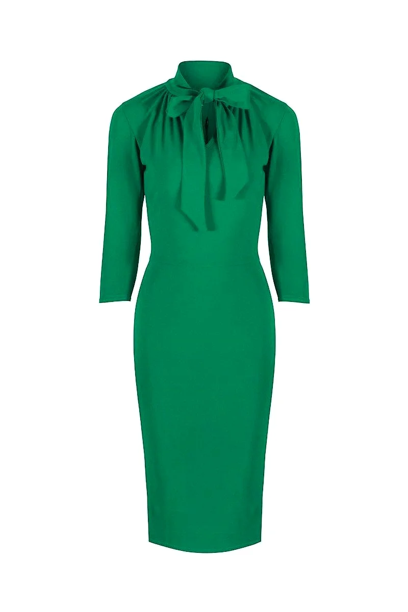 Green 3/4 Sleeve Tie Neck Bodycon Pencil Dress