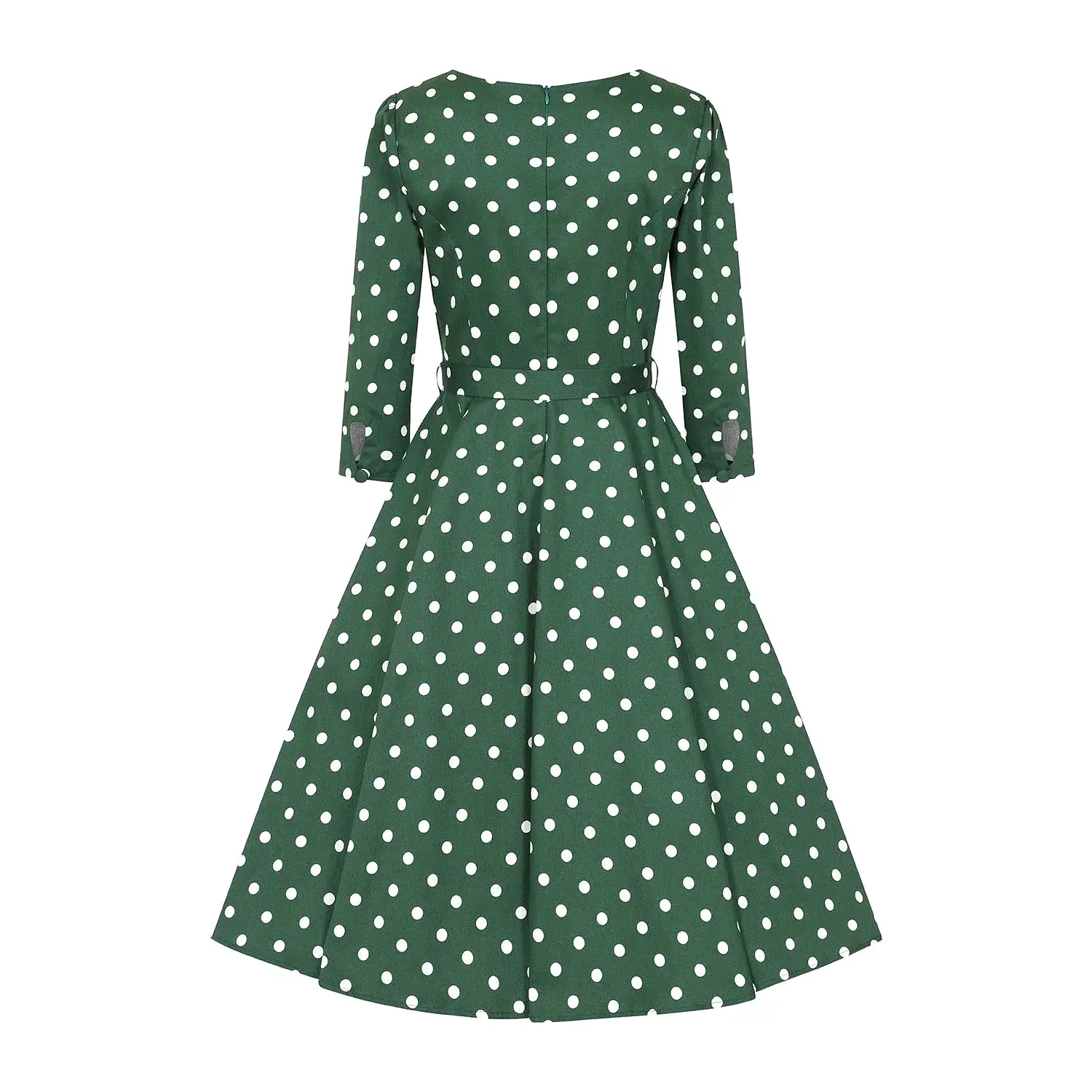 Green And White Polka Dot Vintage 50s 3/4 Sleeve Swing Dress  by