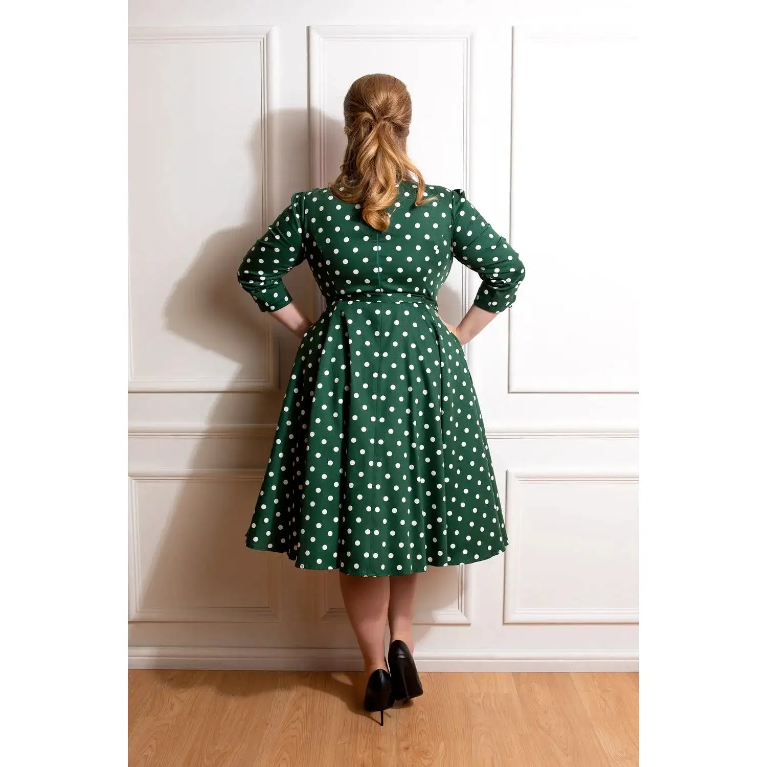 Green And White Polka Dot Vintage 50s 3/4 Sleeve Swing Dress  by