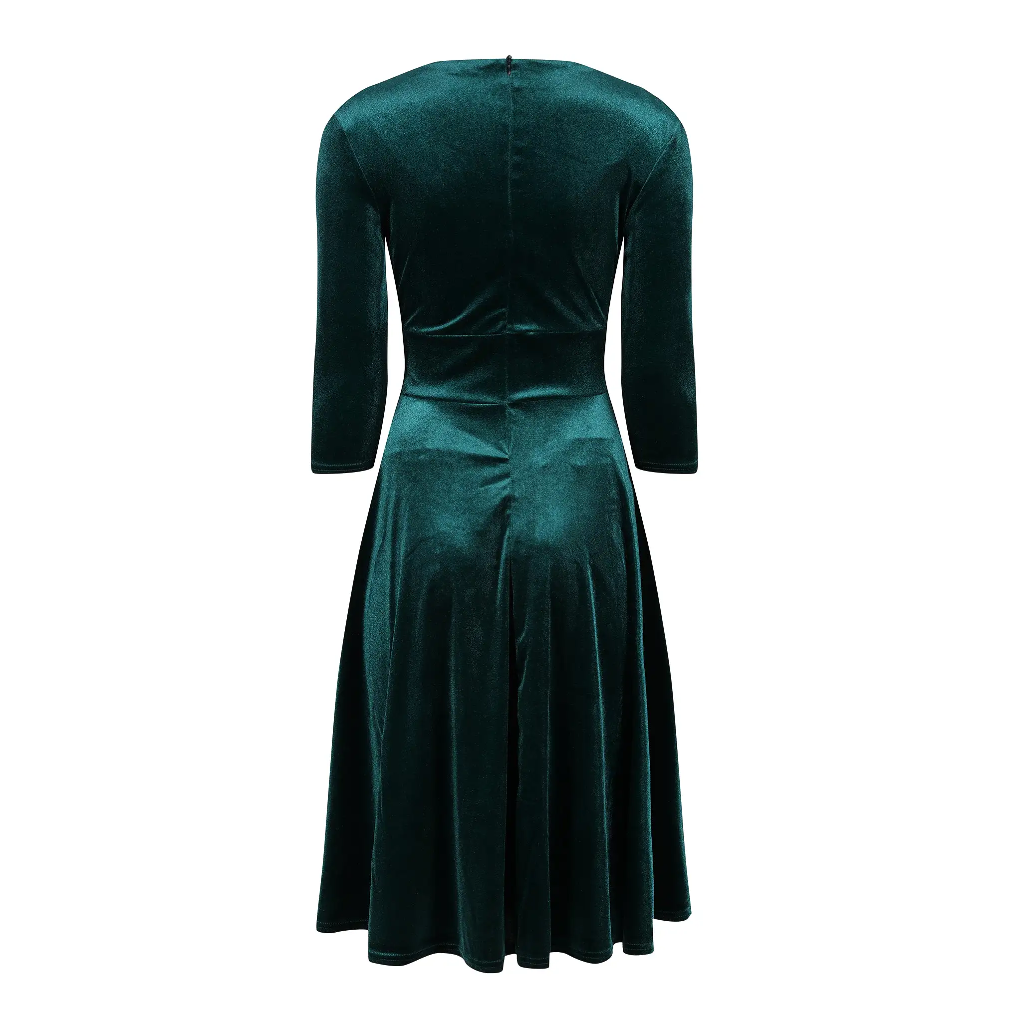 Green Velour Vintage A Line Crossover 3/4 Sleeve Tea Swing Dress