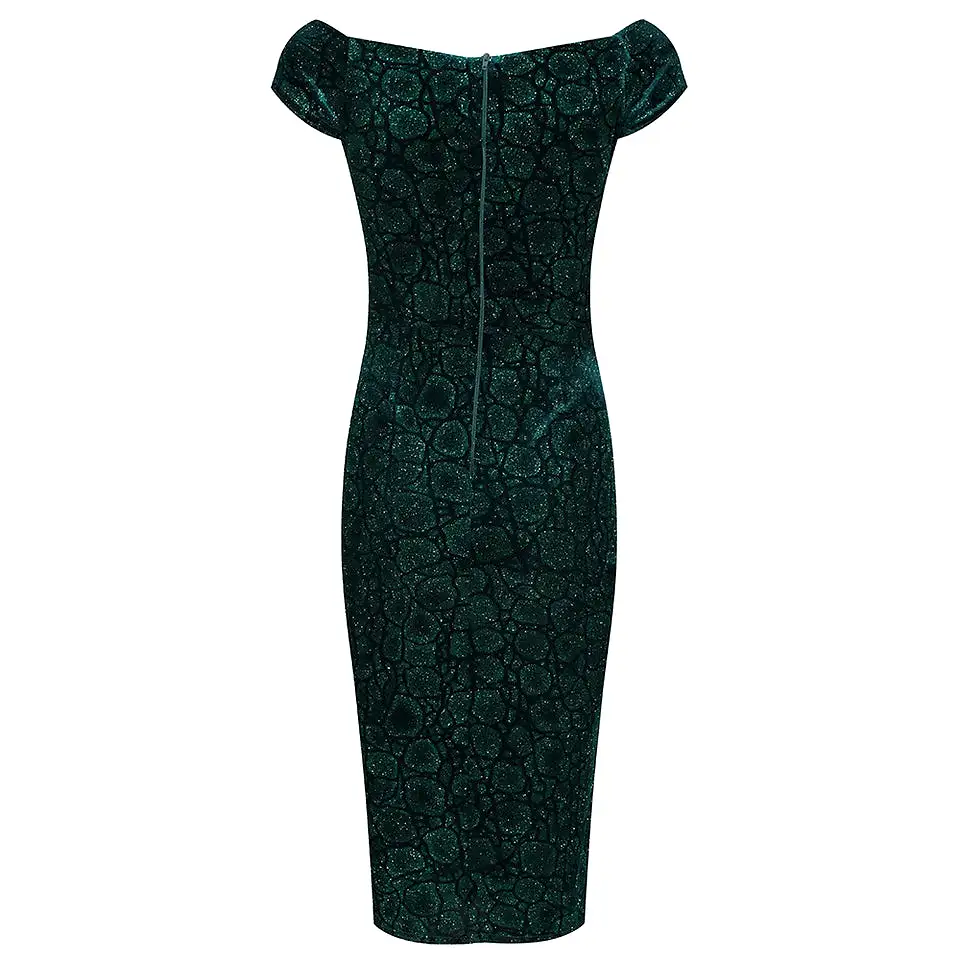 Green Vintage Animal Print Velvet Capped Sleeve Wiggle Dress