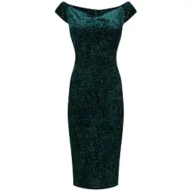 Green Vintage Animal Print Velvet Capped Sleeve Wiggle Dress