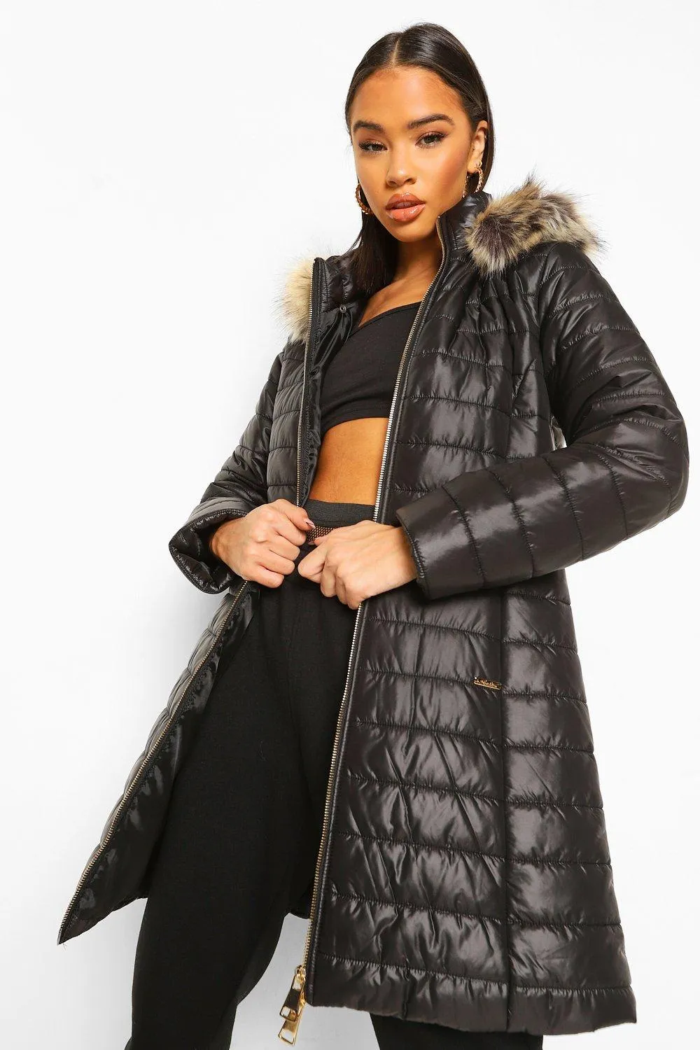 High Shine Faux Fur Trim Longline Parka Coat