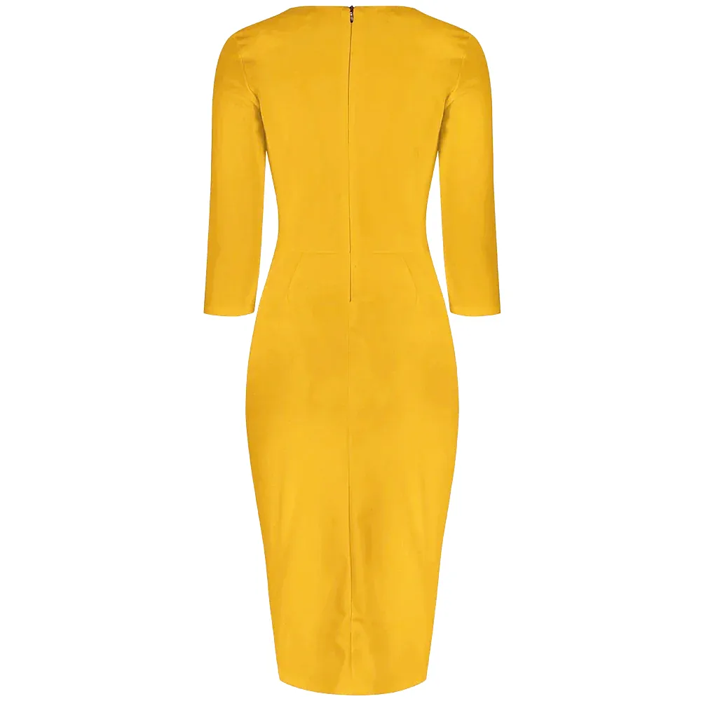 Honey Yellow 3/4 Sleeve Bodycon Pencil  Dress