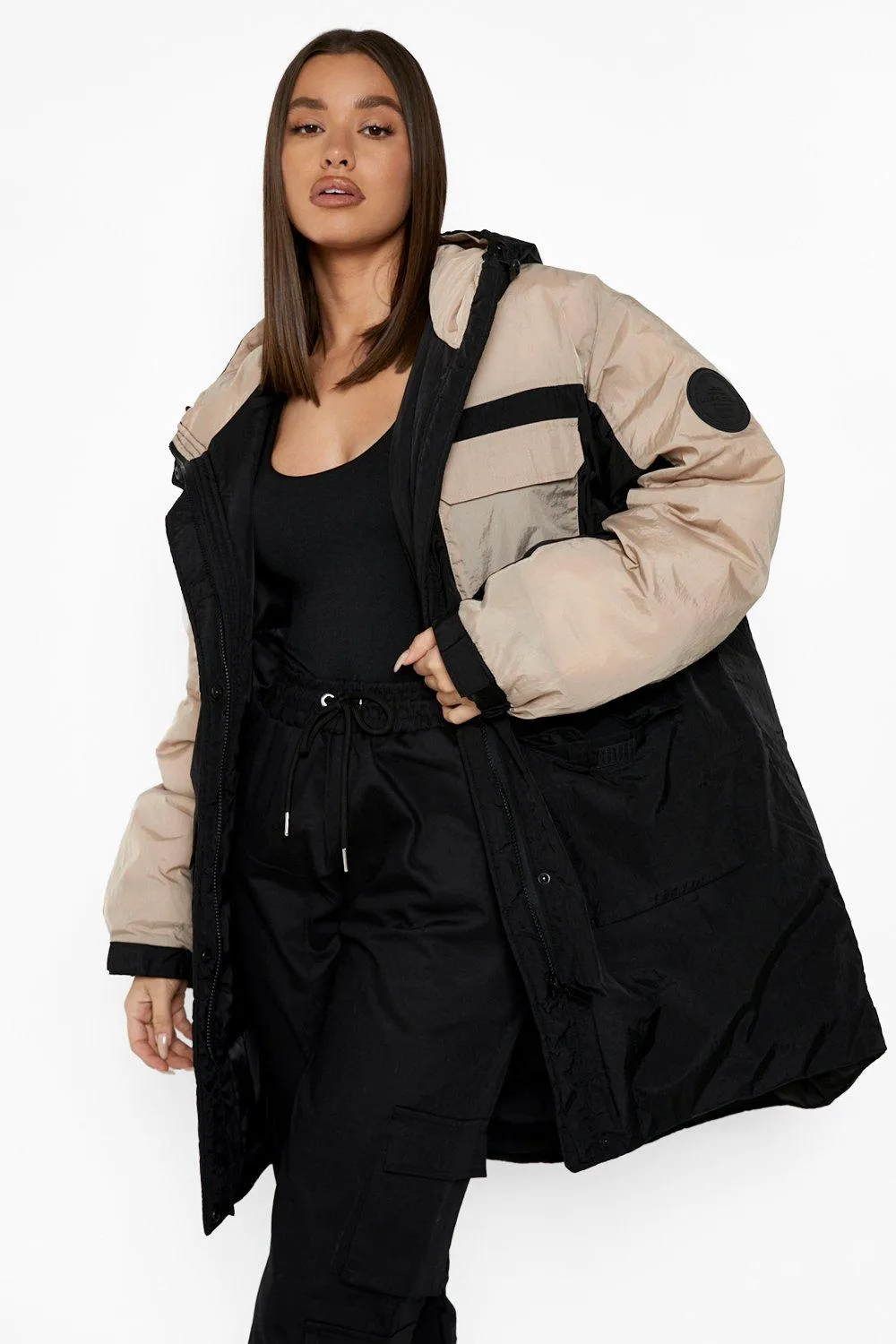 Hooded Panelled Parka Coat