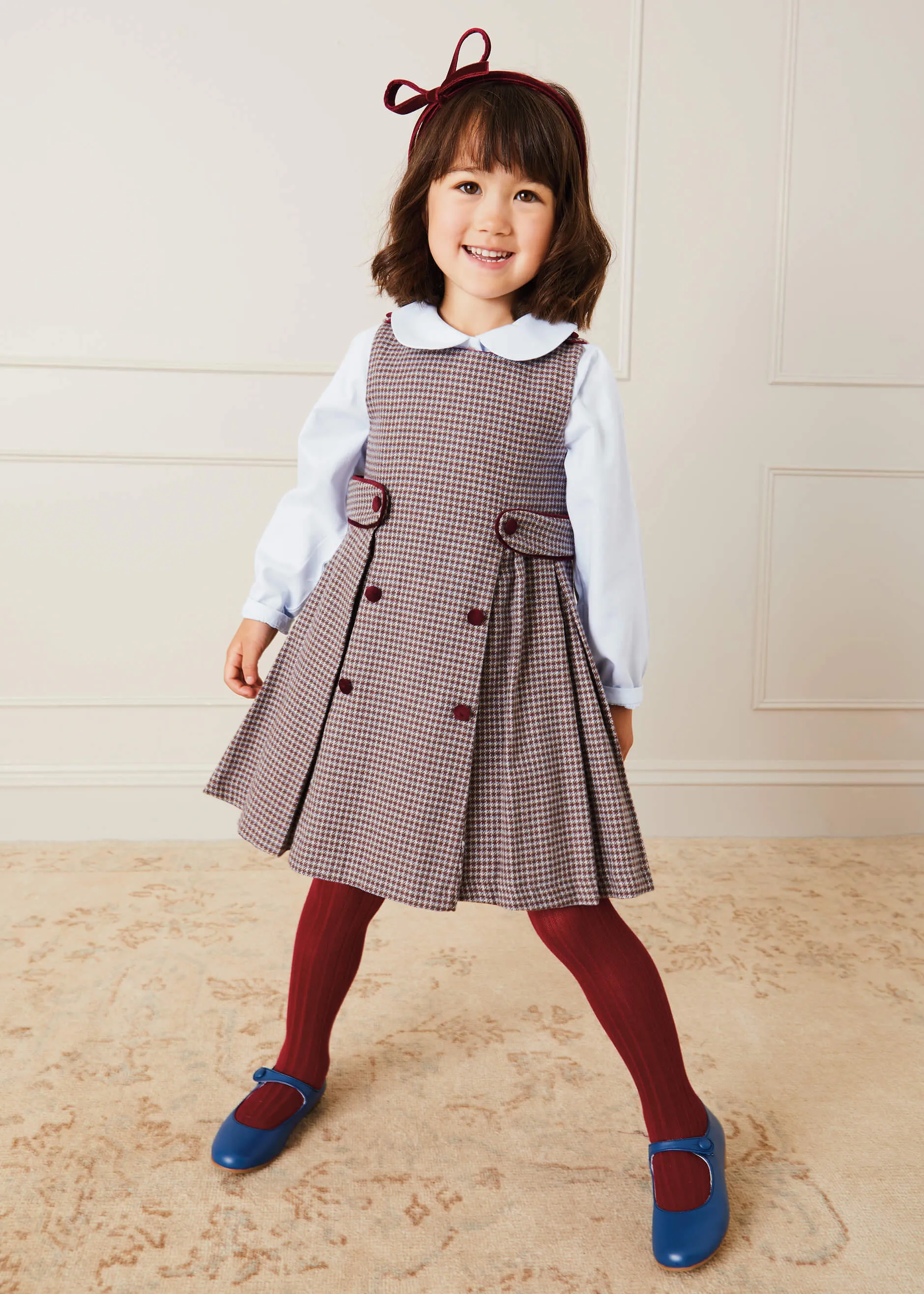 Houndstooth Pinafore Belted Dress in Burgundy (4-10yrs)