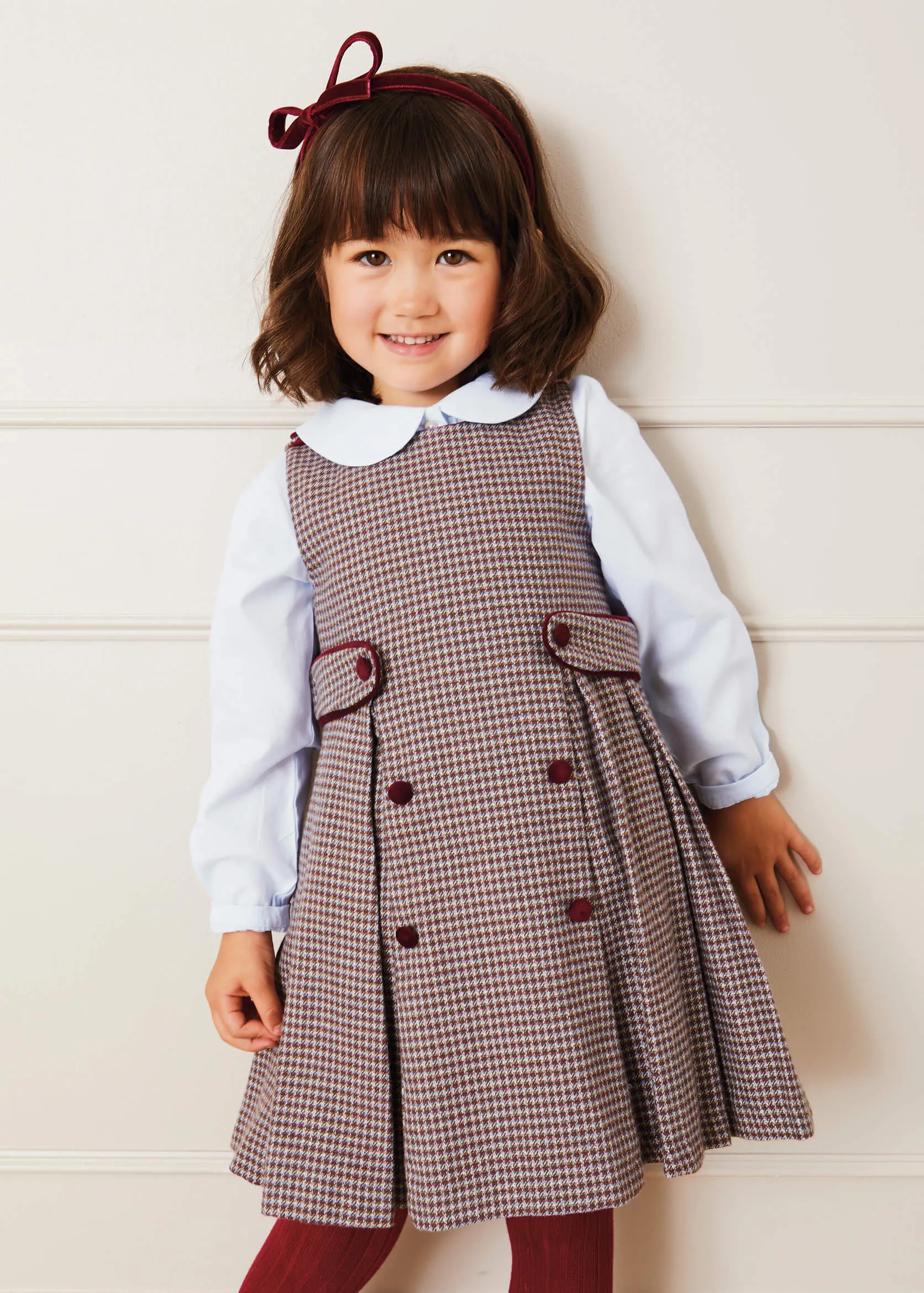 Houndstooth Pinafore Belted Dress in Burgundy (4-10yrs)