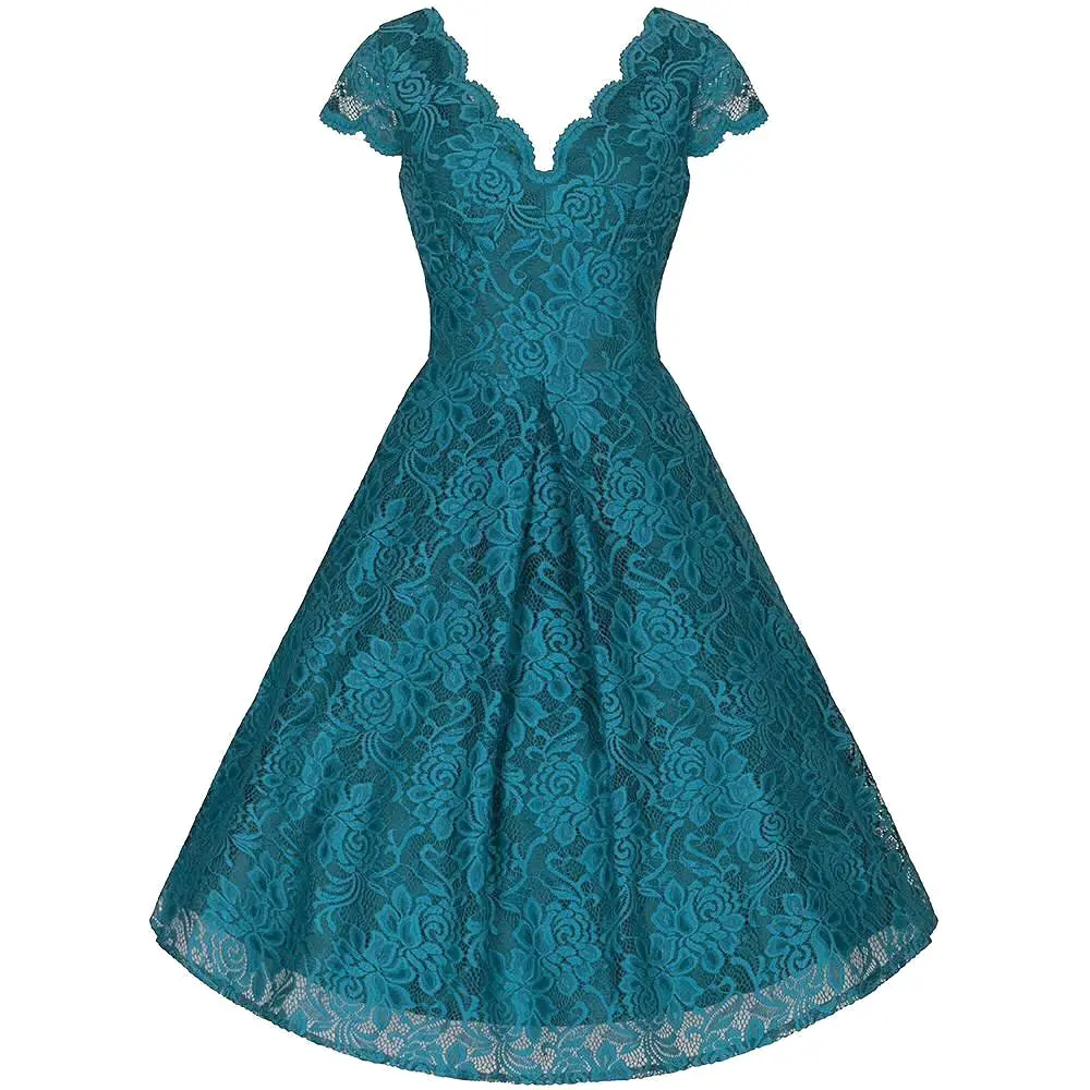 Jolie Moi Teal Lace Embroidered Cap Sleeve Swing Dress