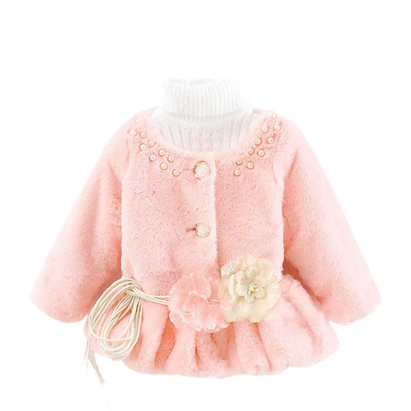 Kids Girls Baby Soft Faux Fur Fleece Warm Flower Belt Jacket Coat OutwearSM6