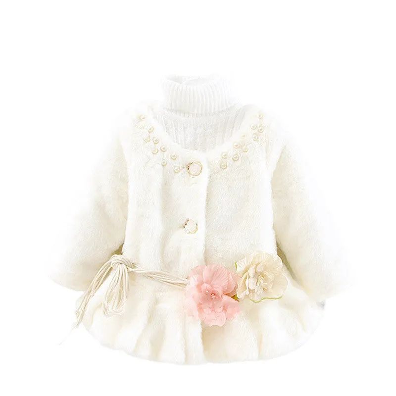 Kids Girls Baby Soft Faux Fur Fleece Warm Flower Belt Jacket Coat OutwearSM6