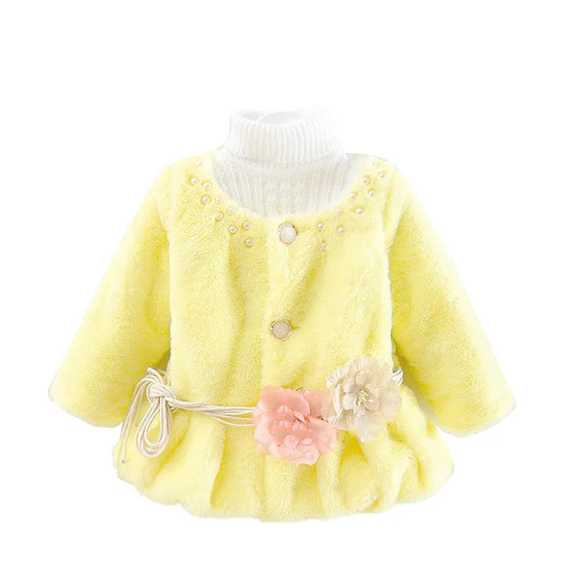 Kids Girls Baby Soft Faux Fur Fleece Warm Flower Belt Jacket Coat OutwearSM6