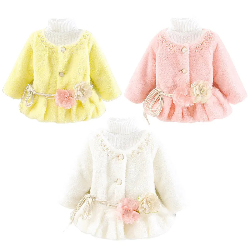 Kids Girls Baby Soft Faux Fur Fleece Warm Flower Belt Jacket Coat OutwearSM6