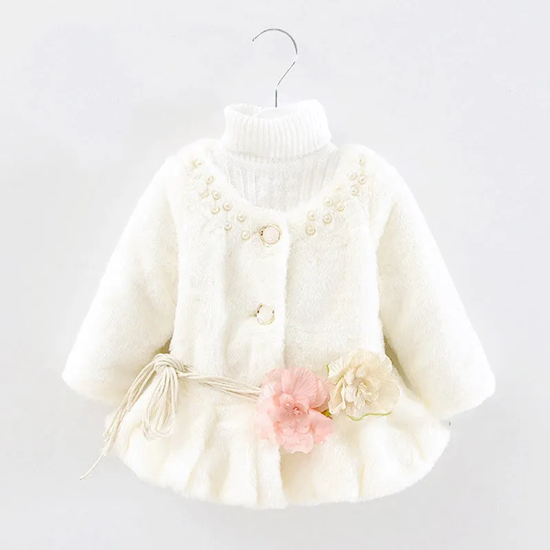 Kids Girls Baby Soft Faux Fur Fleece Warm Flower Belt Jacket Coat OutwearSM6