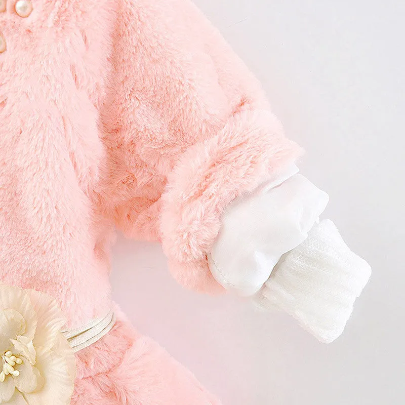 Kids Girls Baby Soft Faux Fur Fleece Warm Flower Belt Jacket Coat OutwearSM6