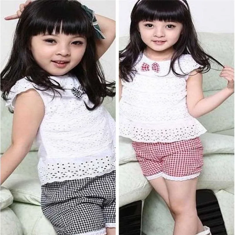 Kids Girls Clothing Sets Lace Children Girl Clothes Set T-Shirt  Lattice Shorts Pants Set Infant Garment  SM6