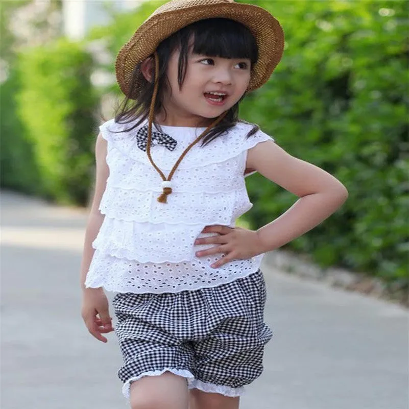 Kids Girls Clothing Sets Lace Children Girl Clothes Set T-Shirt  Lattice Shorts Pants Set Infant Garment  SM6