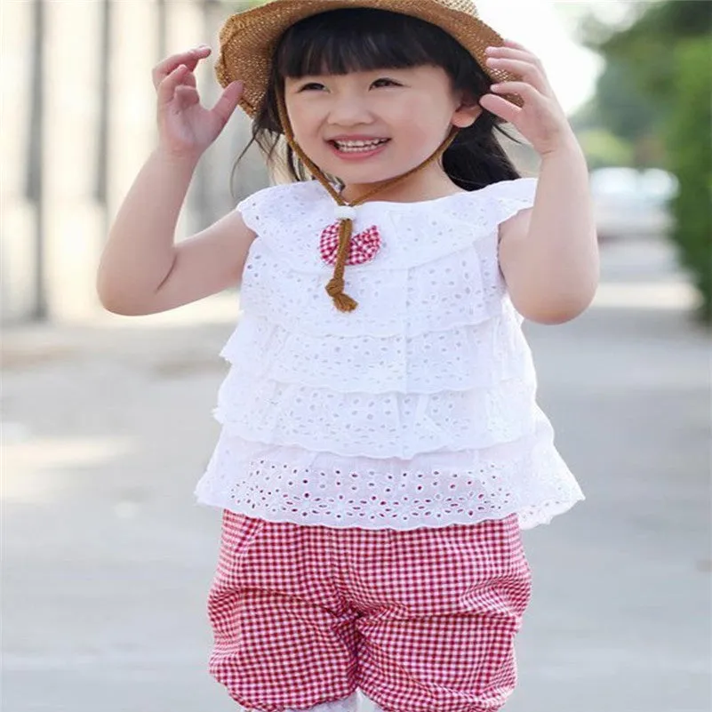 Kids Girls Clothing Sets Lace Children Girl Clothes Set T-Shirt  Lattice Shorts Pants Set Infant Garment  SM6