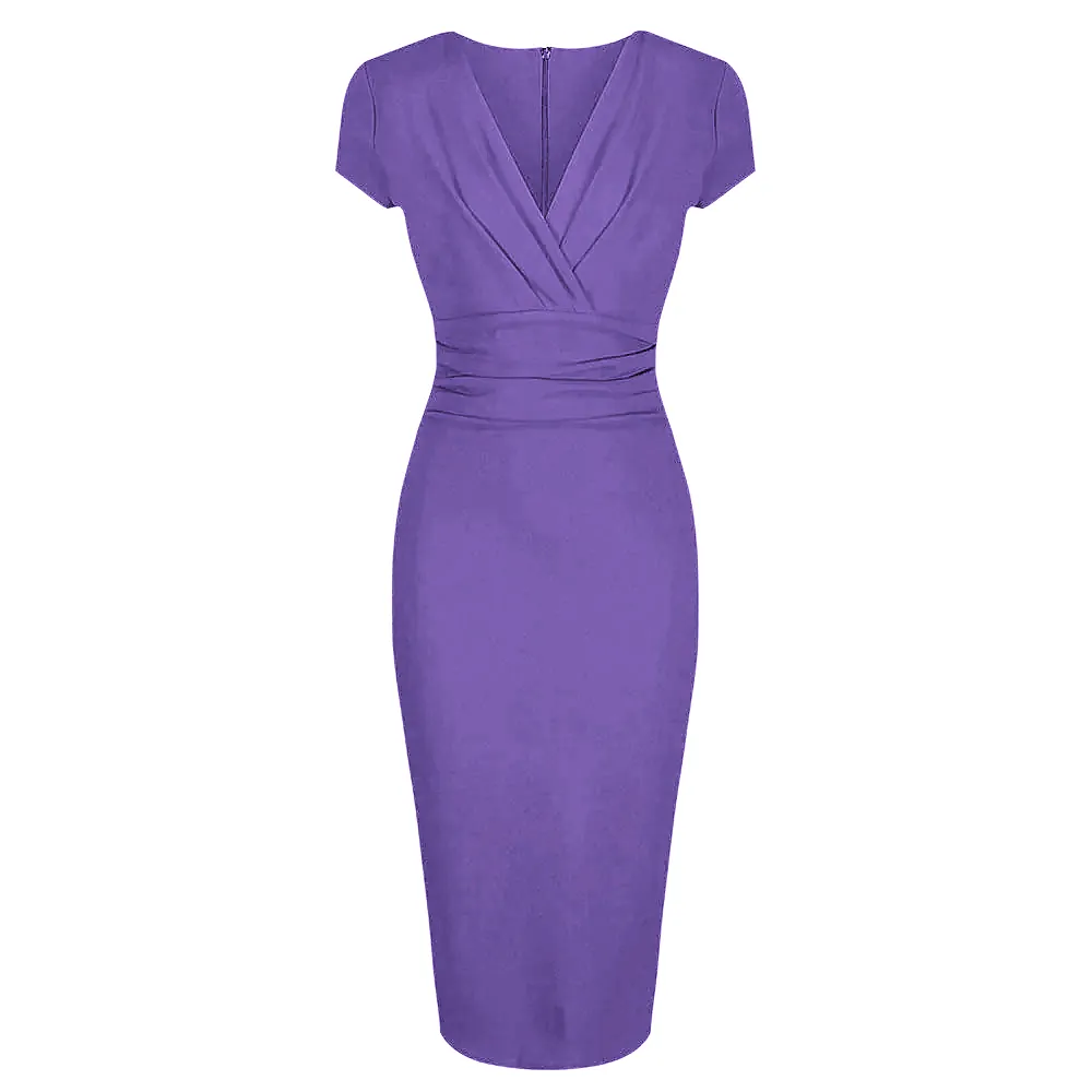 Lilac Deep V Neck Cap Sleeve Ruched Waist Bodycon Wiggle Dress