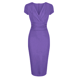 Lilac Deep V Neck Cap Sleeve Ruched Waist Bodycon Wiggle Dress