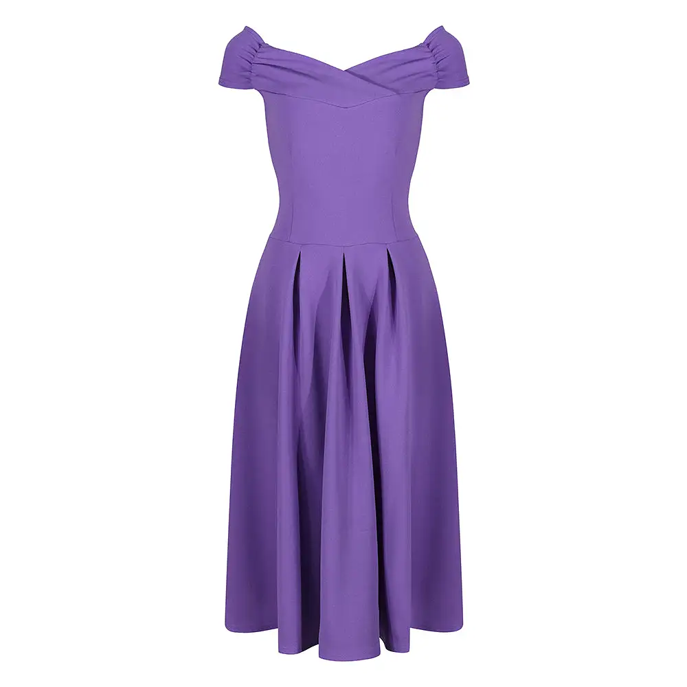 Lilac Purple Crossover Bust Cap Sleeve Bardot Style 50s Swing Dress