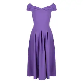 Lilac Purple Crossover Bust Cap Sleeve Bardot Style 50s Swing Dress