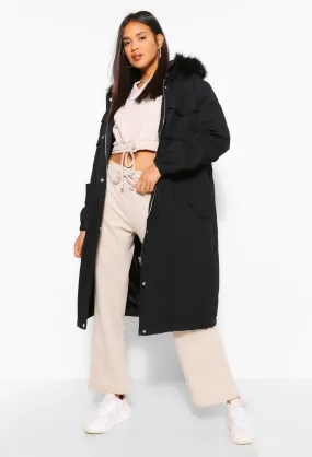 Longline Faux Fur Trim Parka Coat