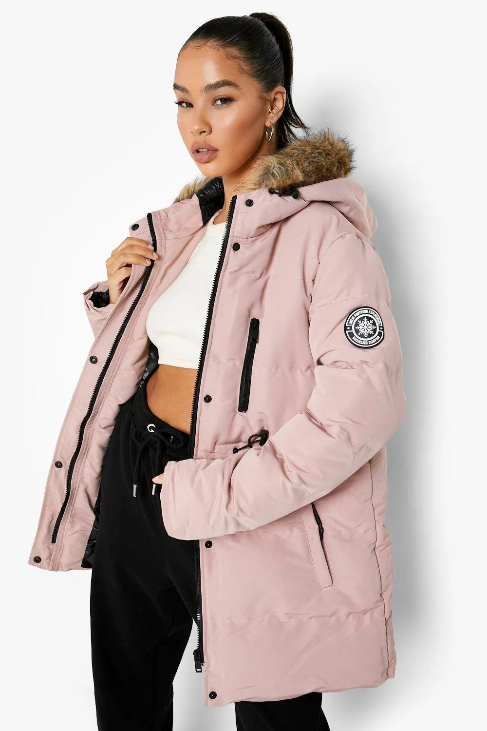 Luxe Technical Faux Fur Trim Parka Coat