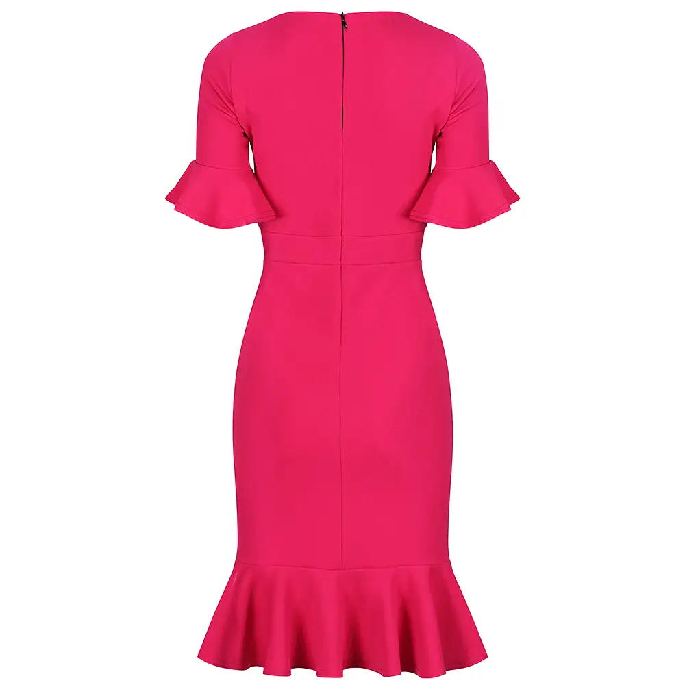 Magenta 1/2 Sleeve Fishtail Peplum Hem V Neck Bodycon Pencil Dress