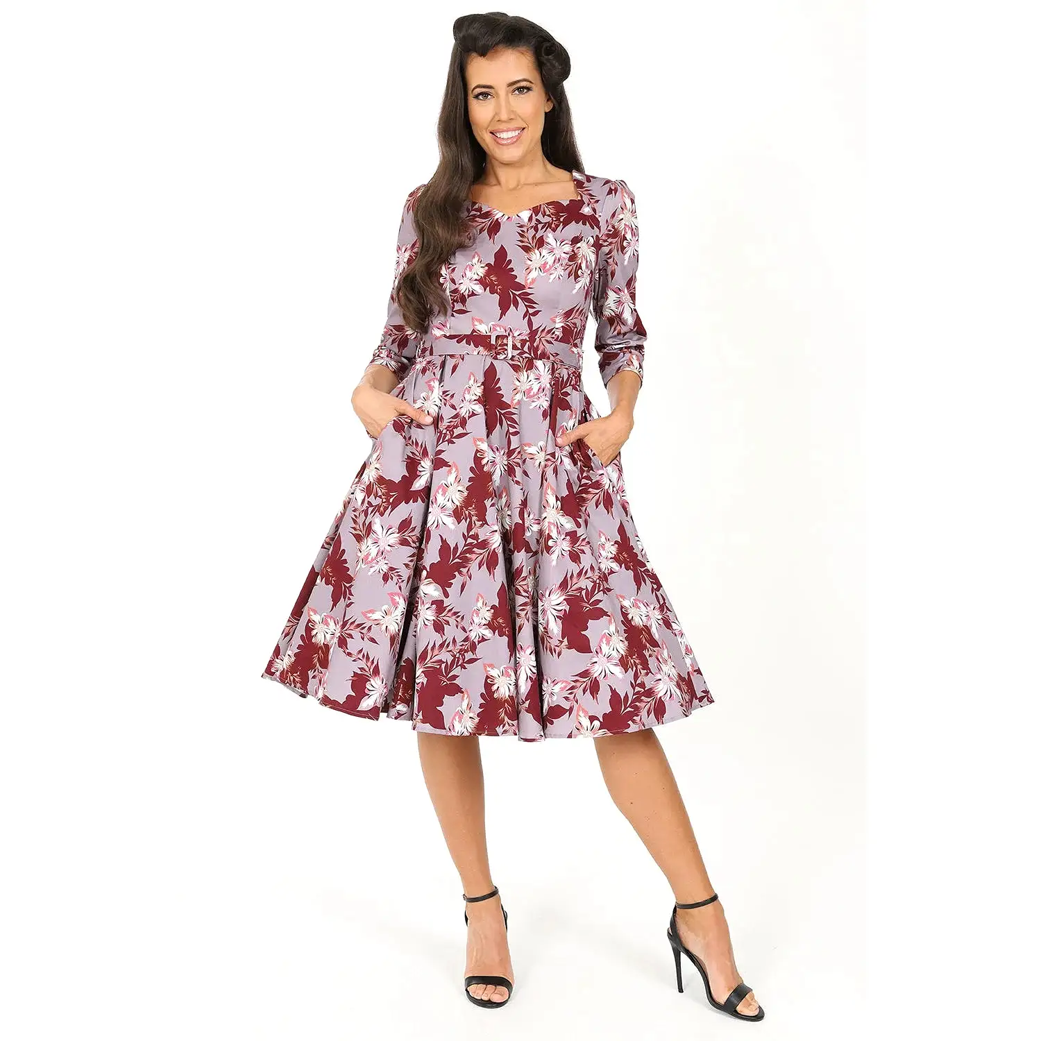 Mauve Floral Print 3/4 Sleeve 50 Swing Tea Dress w/ Sweetheart Neckline & Pockets