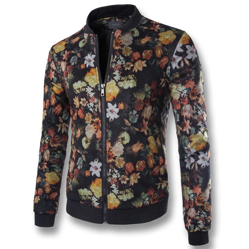 Men's Baseball Jackets Flower Print Men Slim Fit Outdoors Polyester Coats Casual Down Overcoat Big Size SM6