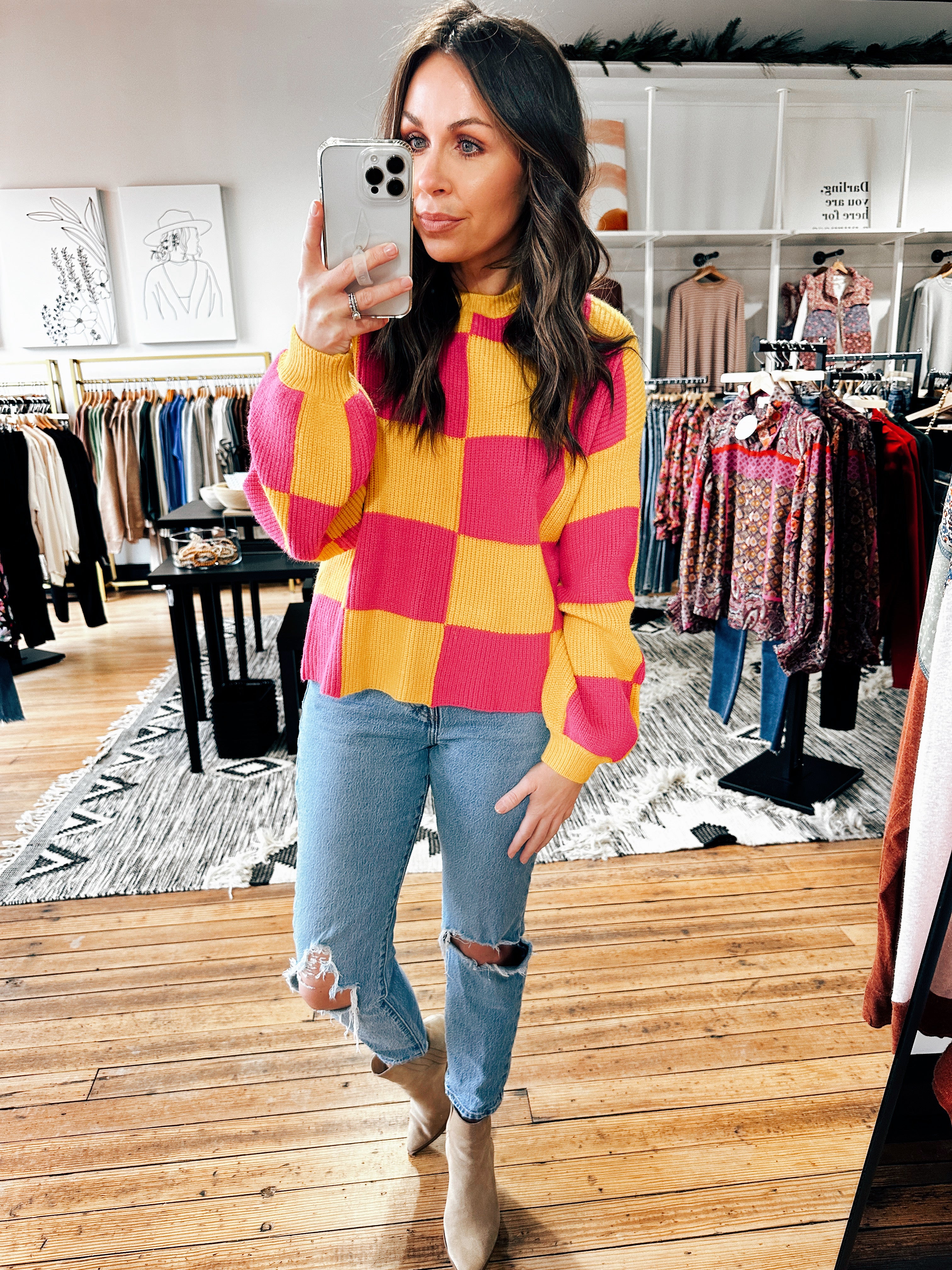 Mustard Fuchsia Checked Sweater