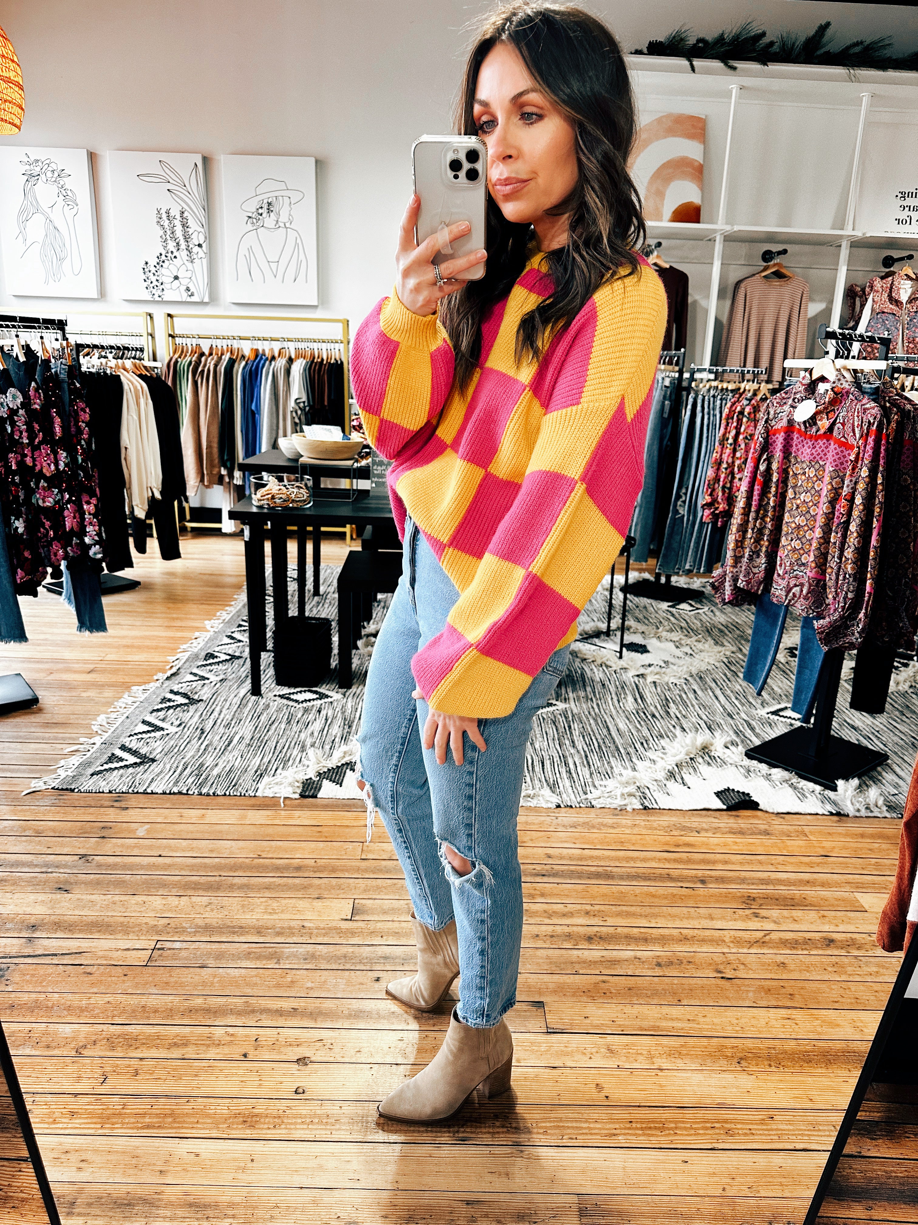 Mustard Fuchsia Checked Sweater