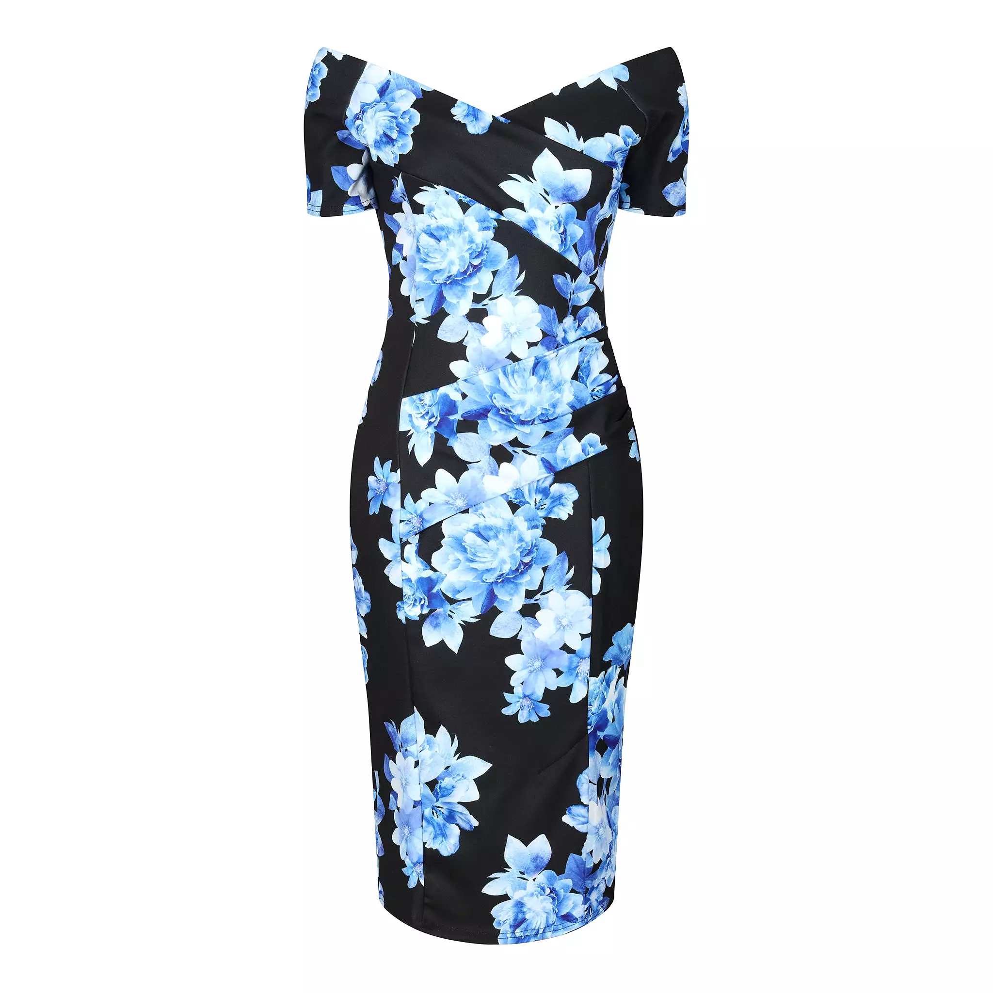 Navy & Pale Blue Floral Print Wiggle Pencil Dress w/ Cap Sleeves