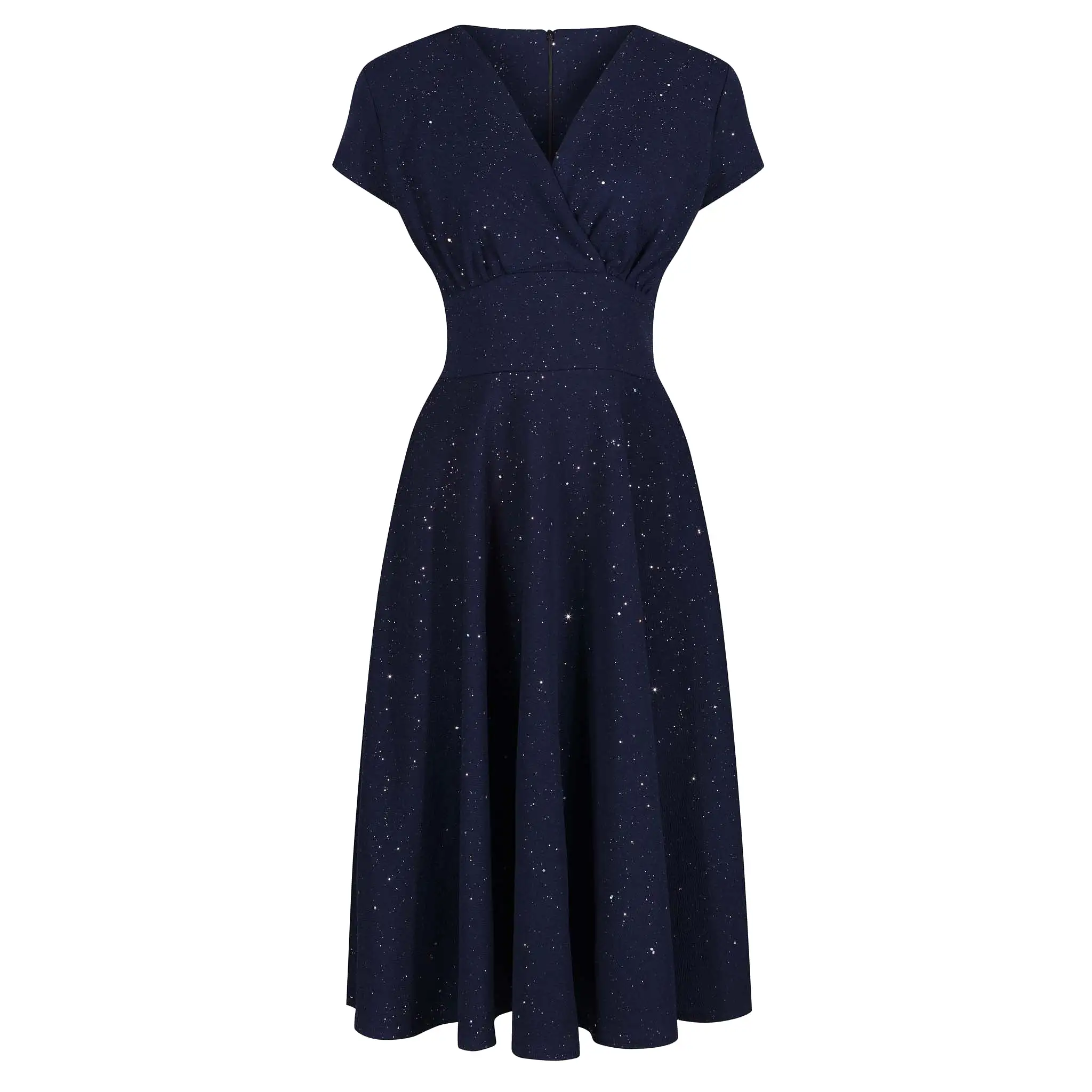 Navy Blue & Sparkly Glitter A Line Crossover Top Capped Sleeve Tea Swing Dress