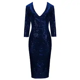 Navy Blue 3/4 Sleeve V Neck Velour Sequin Pencil Wiggle Dress