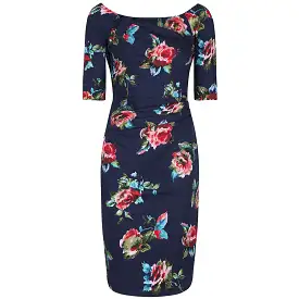 Navy Blue Floral 1/2 Sleeve Floral Wiggle Pencil Dress