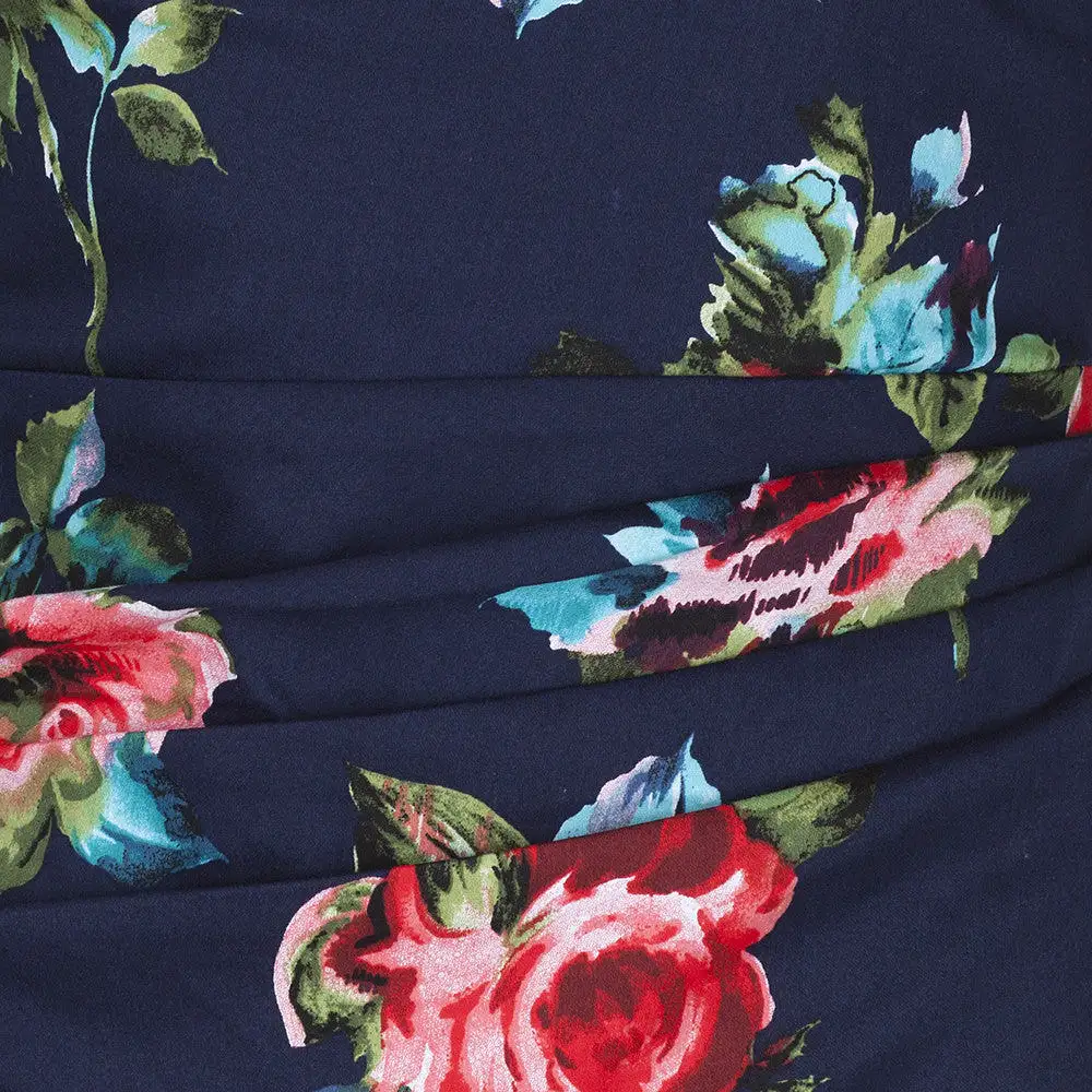 Navy Blue Floral 1/2 Sleeve Floral Wiggle Pencil Dress