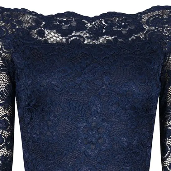 Navy Blue Lace Vintage Style Swing Dress With 3/4 Sleeves & Boat Neck