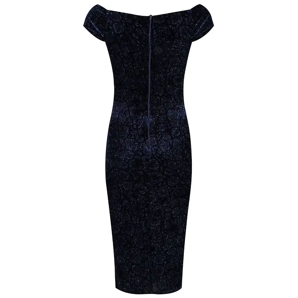 Navy Blue Vintage Animal Print Velvet Capped Sleeve Wiggle Dress