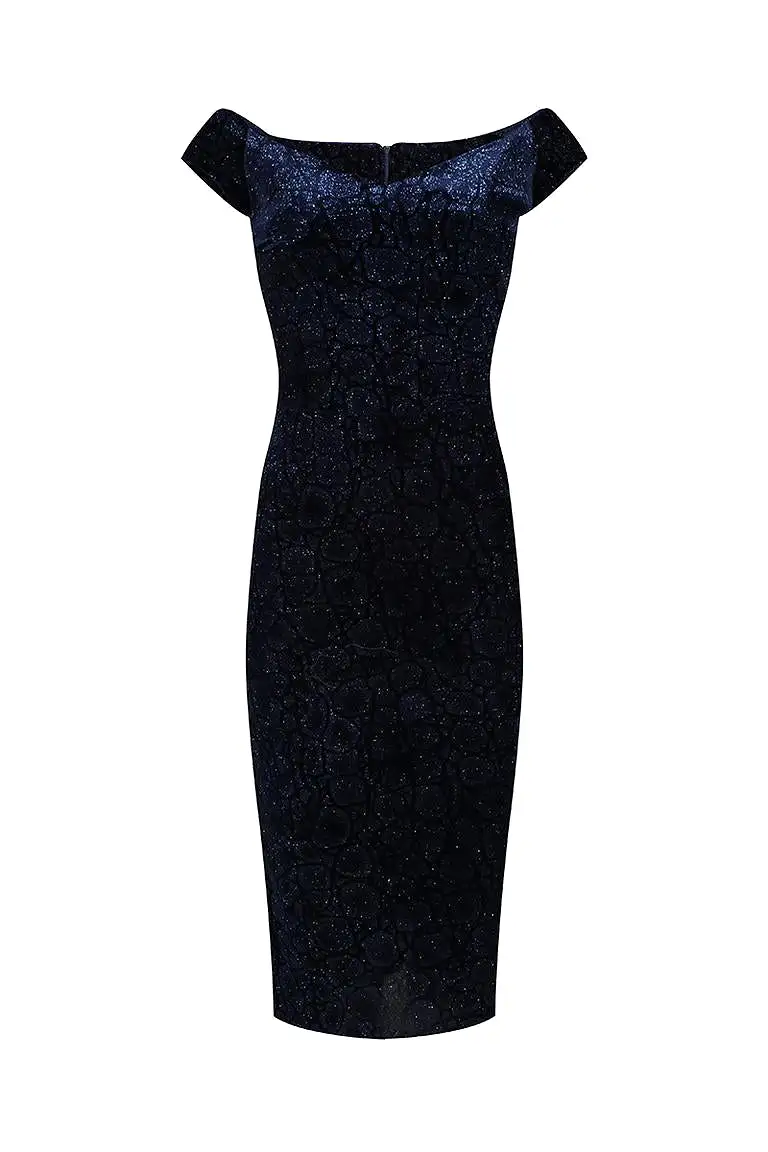 Navy Blue Vintage Animal Print Velvet Capped Sleeve Wiggle Dress