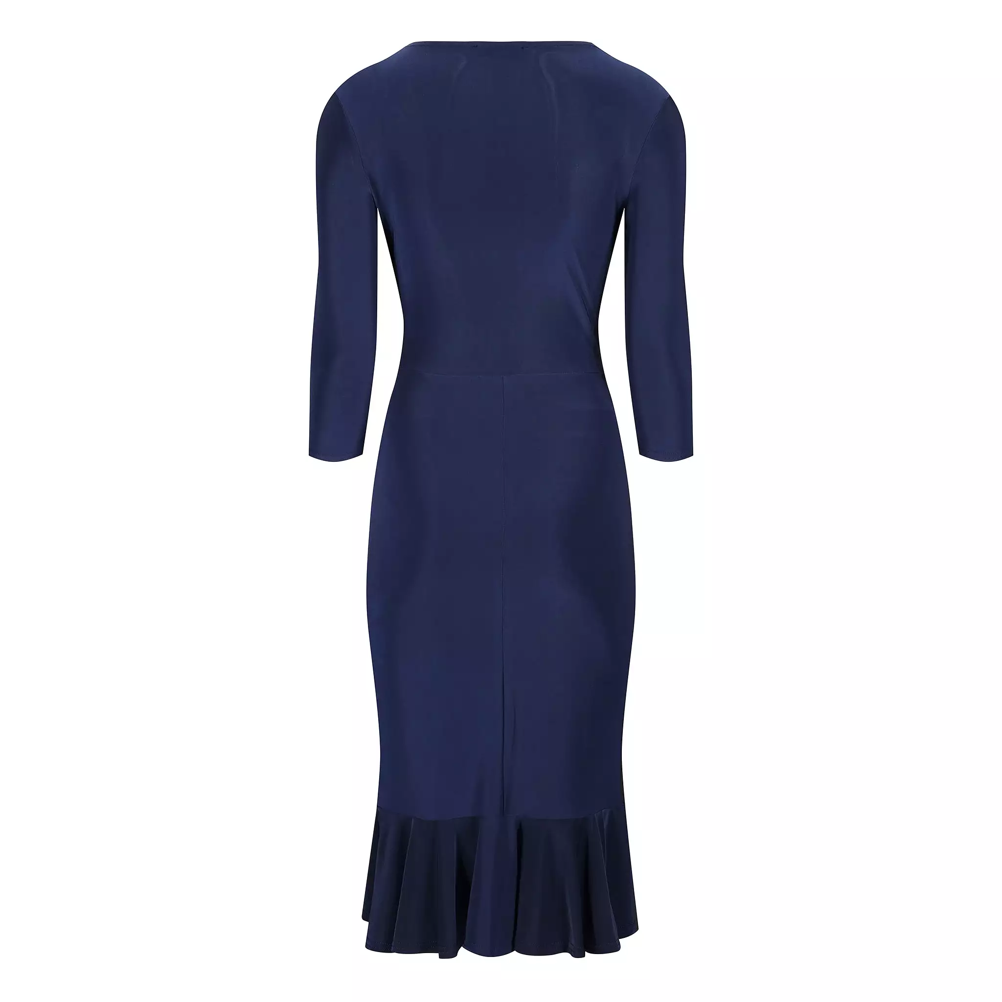 Navy Blue Wrap Effect Cocktail Dress w/ Waterfall Peplum Hem & 3/4 Sleeves