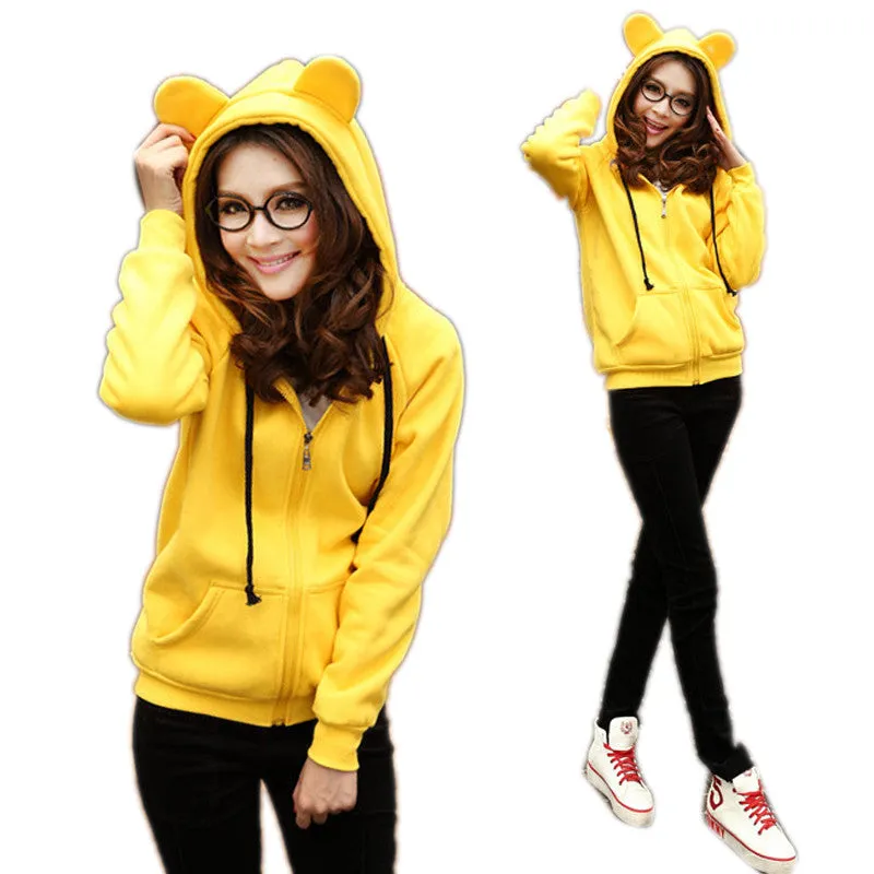 New Girls Women Cute Bear Ear Zipper Hooded Sweater Coat Jacket Chic Casual Big Hat Hoody SM6