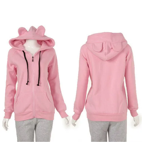 New Girls Women Cute Bear Ear Zipper Hooded Sweater Coat Jacket Chic Casual Big Hat Hoody SM6