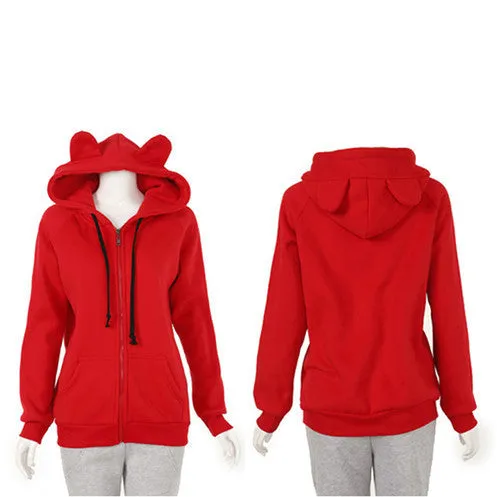 New Girls Women Cute Bear Ear Zipper Hooded Sweater Coat Jacket Chic Casual Big Hat Hoody SM6