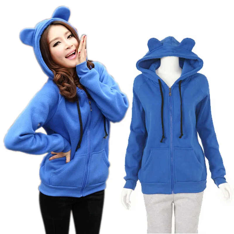 New Girls Women Cute Bear Ear Zipper Hooded Sweater Coat Jacket Chic Casual Big Hat Hoody SM6