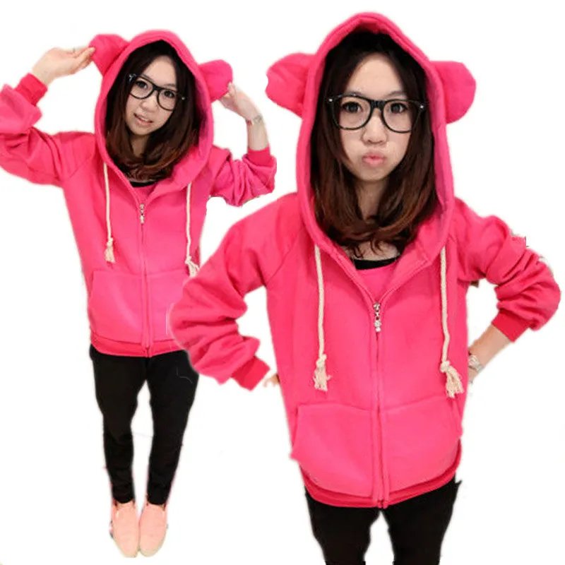 New Girls Women Cute Bear Ear Zipper Hooded Sweater Coat Jacket Chic Casual Big Hat Hoody SM6