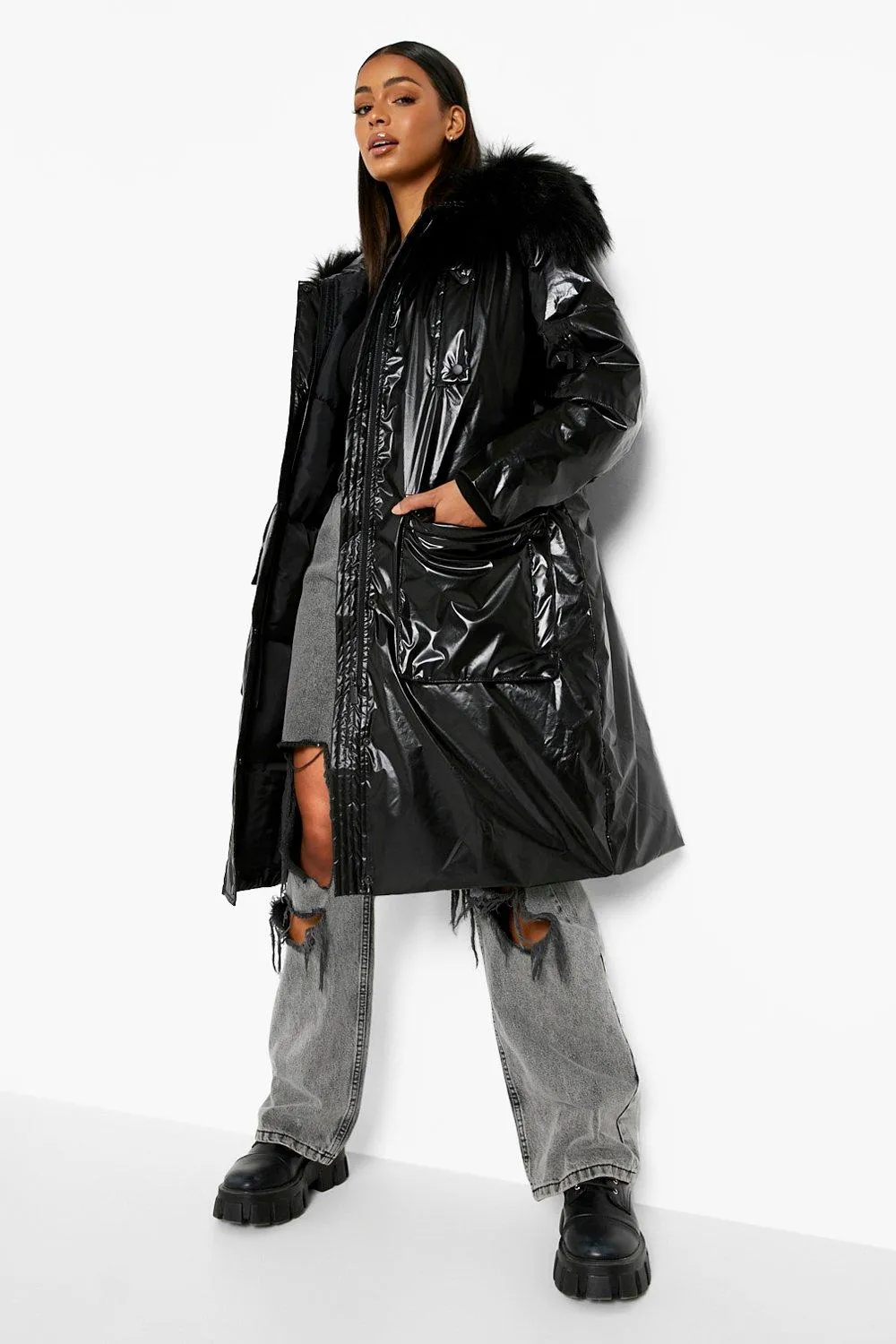 Oversized Faux Fur Metallic Parka Coat