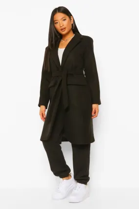 Petite Belted Button Up Wool Look Coat