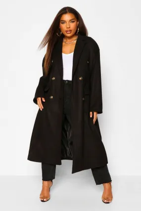 Plus Double Pocket Belted Wool Look Coat